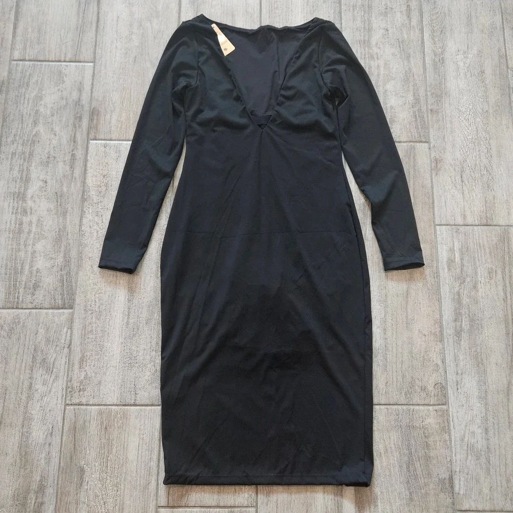 Popilush Shapewear Long Sleeve Boat Neck Sculpting Midi Dress Size M‎ Black NEW